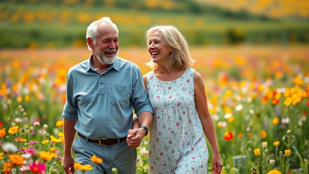 Older couple in blooming field illustrating god force always produces results in relationships