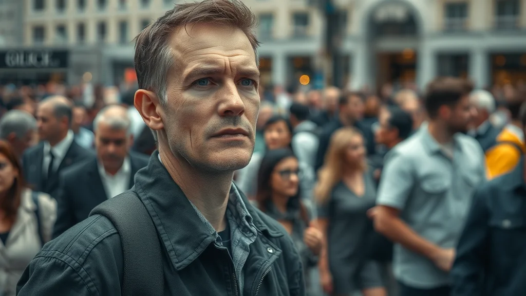 Self determination lost: reflective man isolated amid a conforming crowd in a city plaza