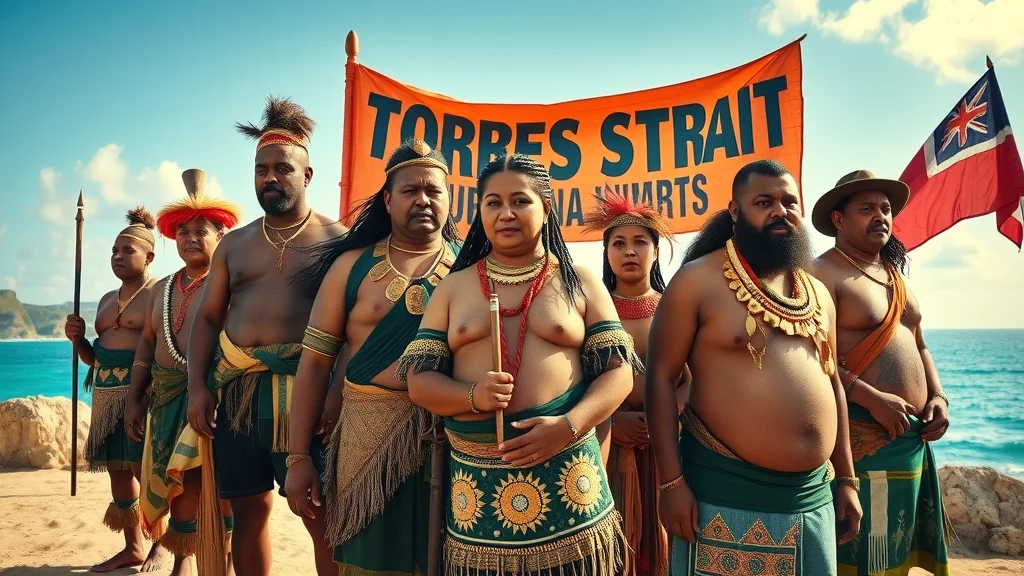 Torres Strait Islander and indigenous peoples advocating for self determination in a sunlit coastal landscape