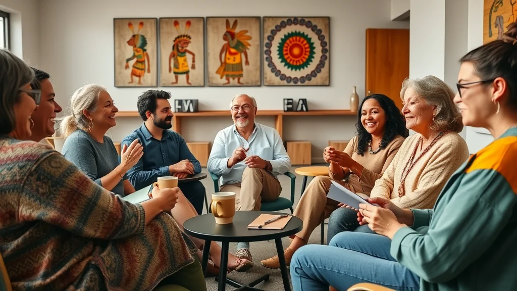 Group dynamics: warm, open community gathered in a modern hall, practicing self determination together