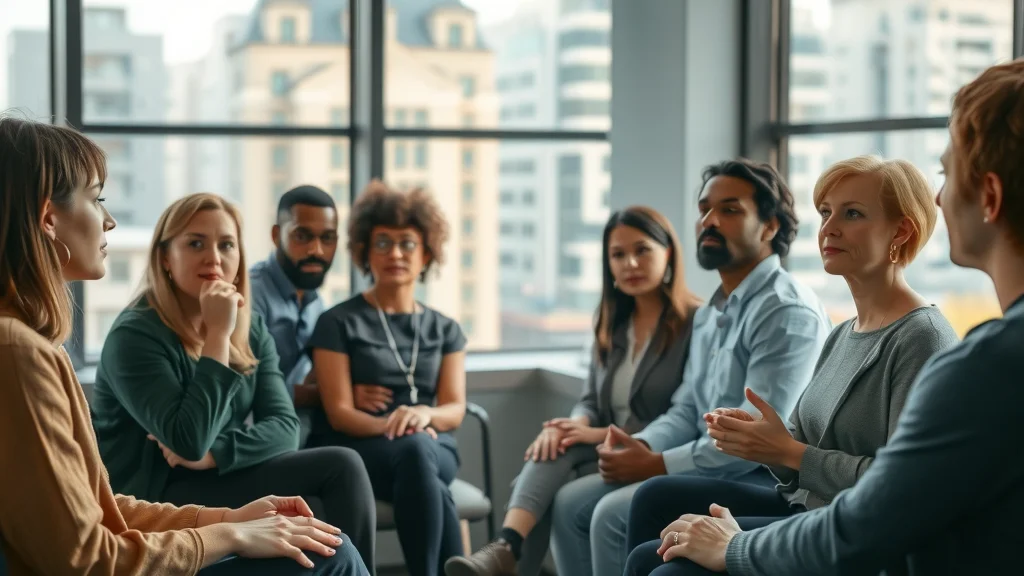 Introspective diverse group reflecting on era of change in a modern office, urban background