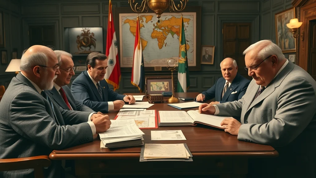 Historic meeting on self determination: leaders discussing around a wooden table, mid-20th-century diplomatic room