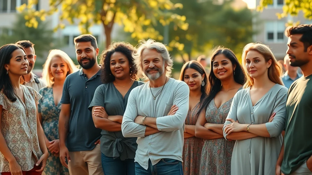 Self determination in a group: diverse individuals standing confidently together in a sunlit urban square