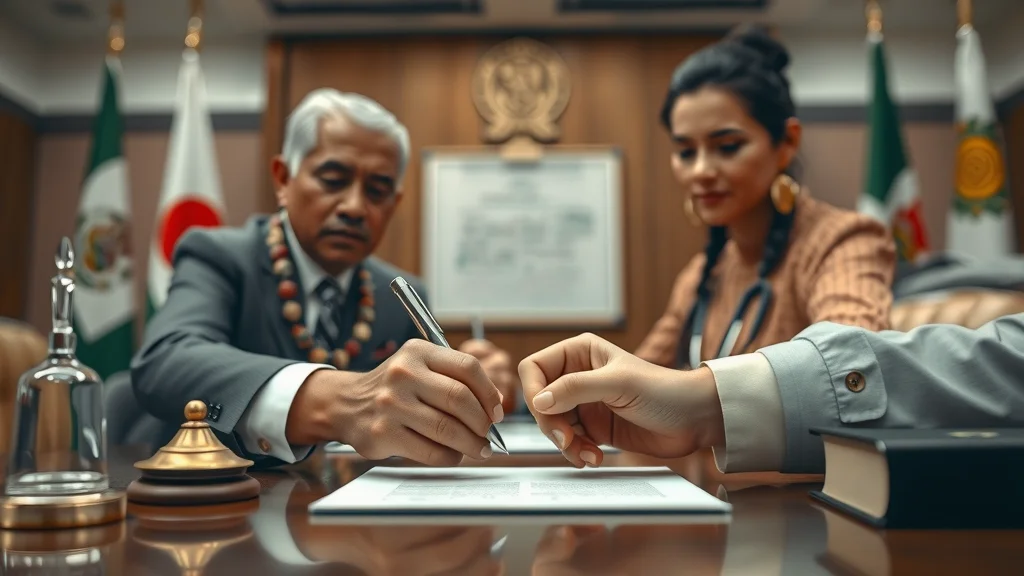 Self determination in law: indigenous leader signing an agreement in a formal setting