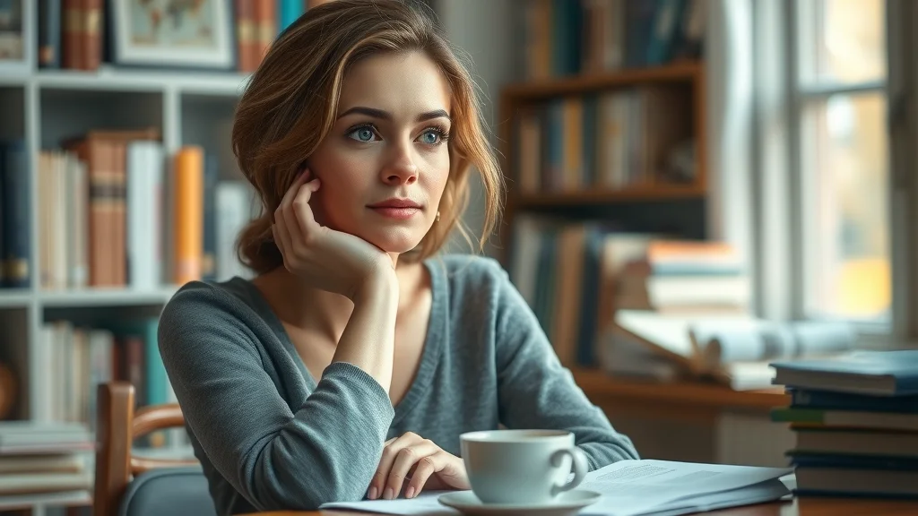 Reflecting on self determination: thoughtful woman gazing confidently in a cozy study with books